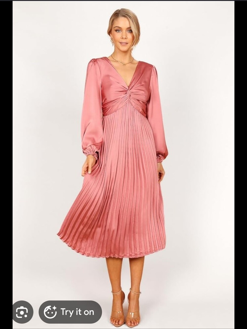 Petal & Pup Noelle Twist-Front Pleated Midi Dress in Dusty Rose, P2P 18"